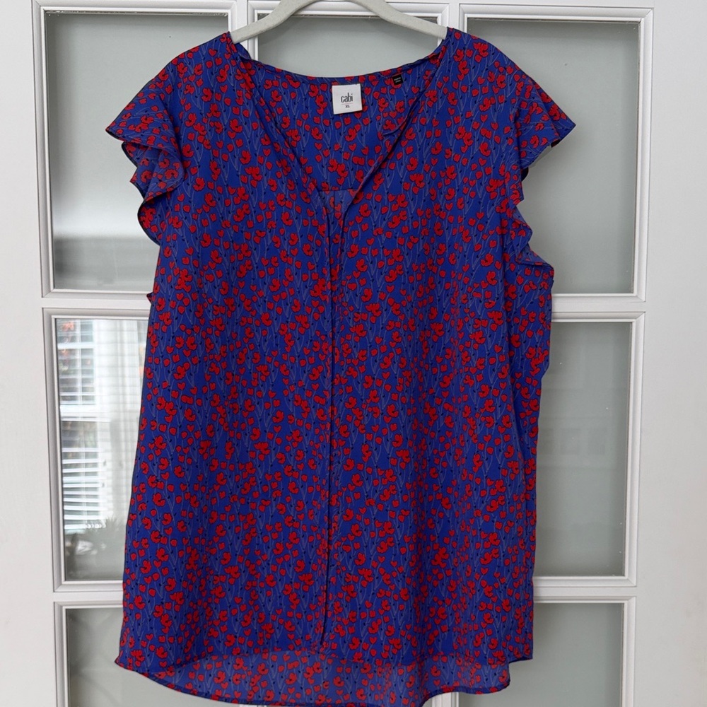 CAbi Blue and Red Floral Blouse